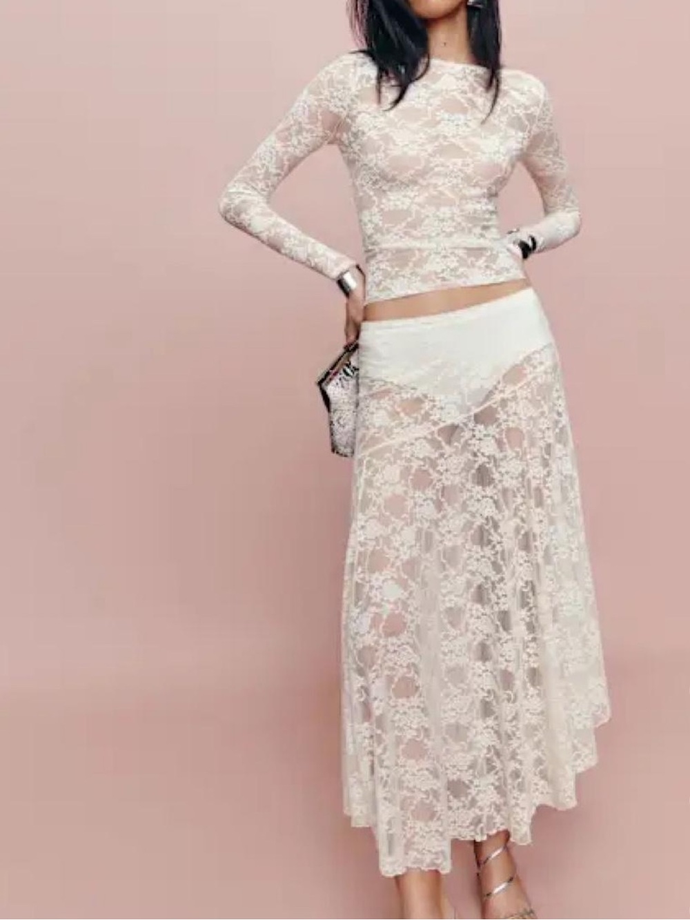 Reformation Ivory Sheer Lace Maxi Skirt